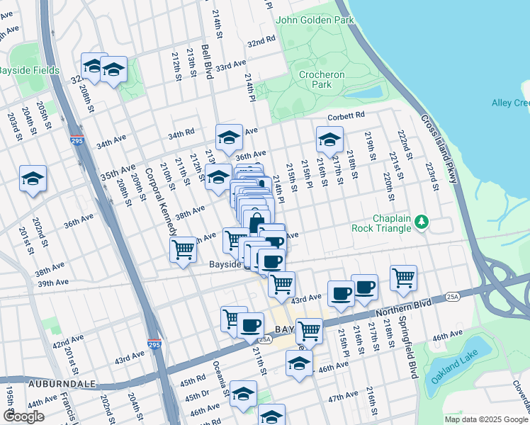 map of restaurants, bars, coffee shops, grocery stores, and more near 213-37 39th Avenue in Queens