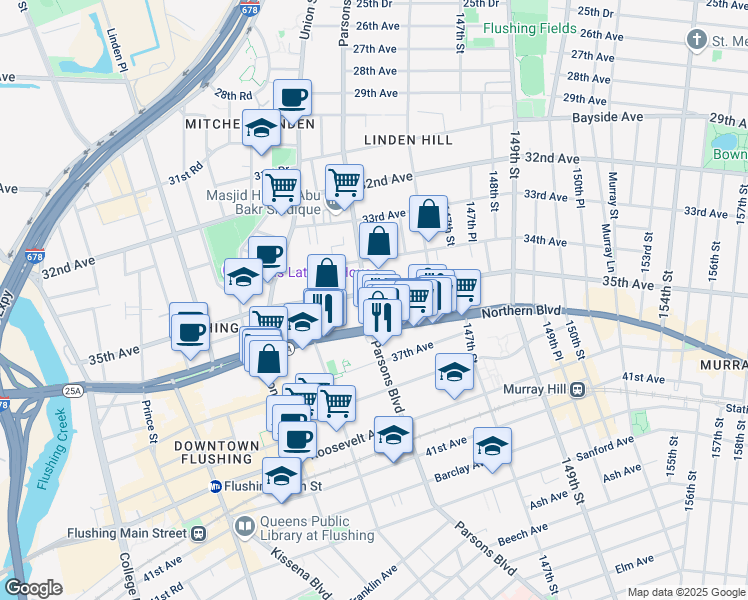 map of restaurants, bars, coffee shops, grocery stores, and more near 35-05 Parsons Boulevard in Queens