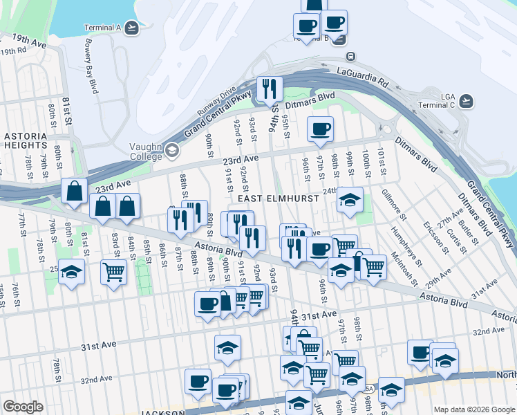 map of restaurants, bars, coffee shops, grocery stores, and more near in Queens
