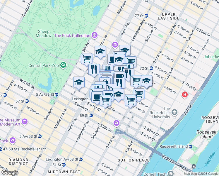 map of restaurants, bars, coffee shops, grocery stores, and more near 140 East 65th Street in New York