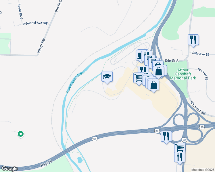 map of restaurants, bars, coffee shops, grocery stores, and more near 2775 Indian River Road in Massillon