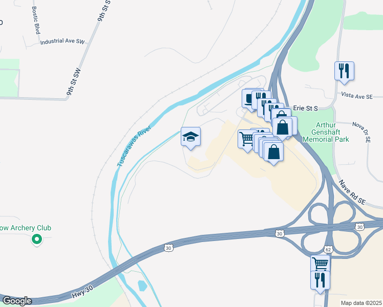 map of restaurants, bars, coffee shops, grocery stores, and more near 2775 Indian River Road in Massillon