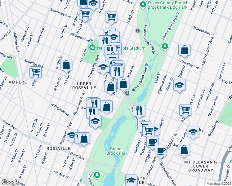 map of restaurants, bars, coffee shops, grocery stores, and more near 249 2nd Avenue West in Newark