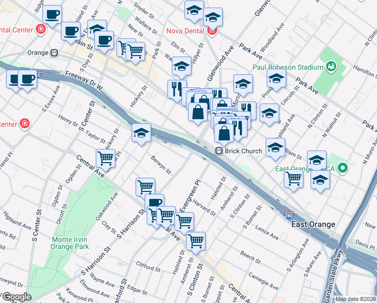 map of restaurants, bars, coffee shops, grocery stores, and more near 65 South Harrison Street in East Orange