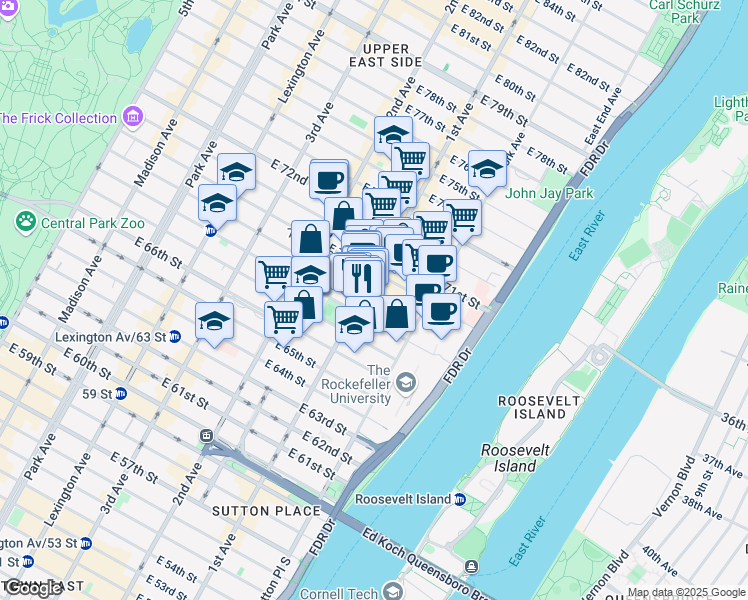 map of restaurants, bars, coffee shops, grocery stores, and more near 404 East 69th Street in New York