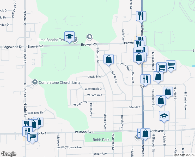 map of restaurants, bars, coffee shops, grocery stores, and more near 615 Lewis Boulevard in Lima