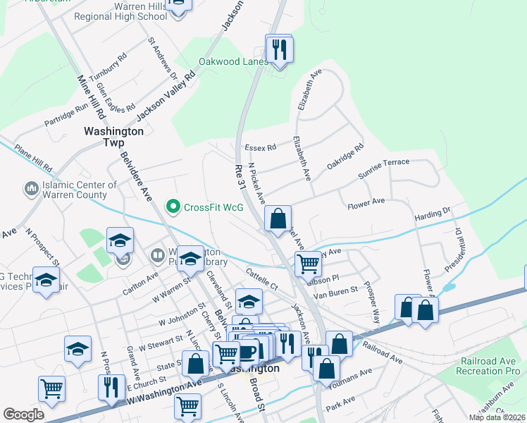 map of restaurants, bars, coffee shops, grocery stores, and more near 19 North Pickel Avenue in Washington