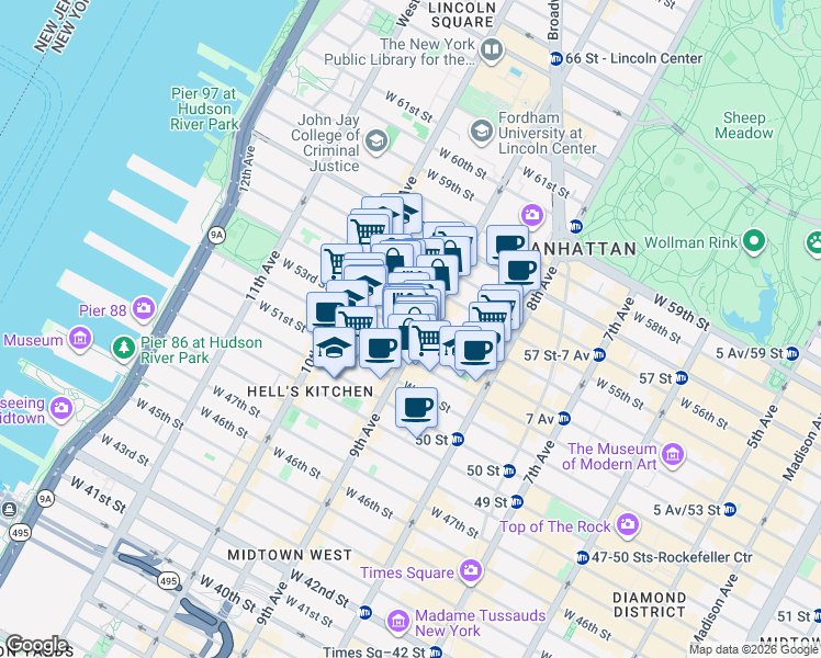 map of restaurants, bars, coffee shops, grocery stores, and more near 401 West 53rd Street in New York