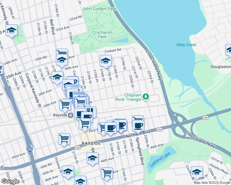 map of restaurants, bars, coffee shops, grocery stores, and more near 217-11 40th Avenue in Queens