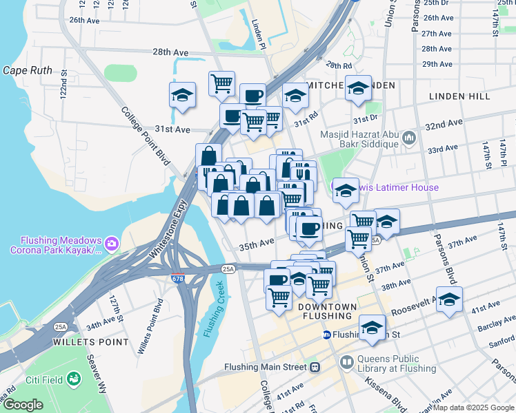 map of restaurants, bars, coffee shops, grocery stores, and more near 132-70 34th Avenue in Queens
