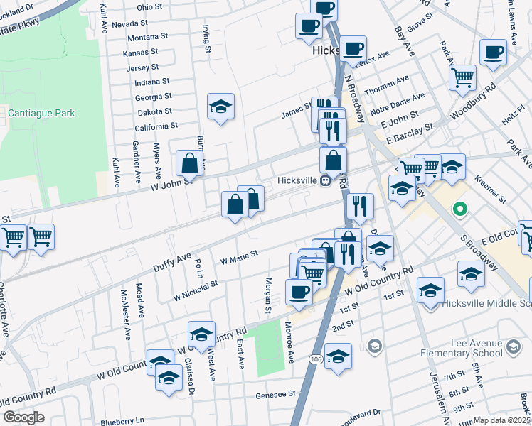 map of restaurants, bars, coffee shops, grocery stores, and more near 116 Duffy Avenue in Hicksville