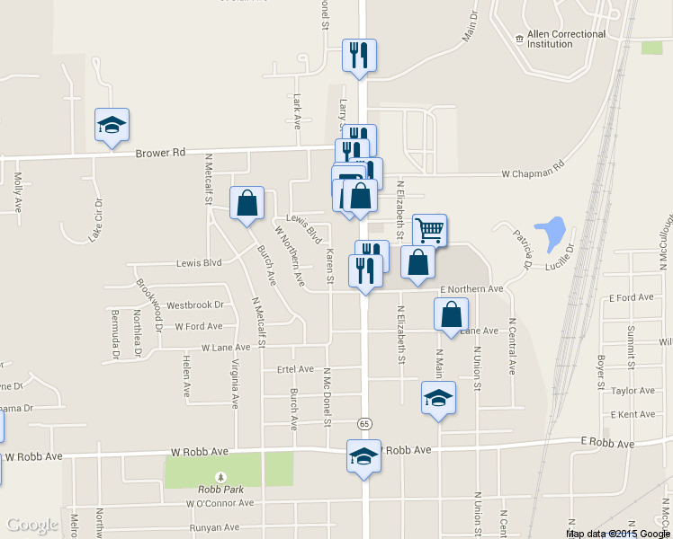 map of restaurants, bars, coffee shops, grocery stores, and more near 1616 Karen Street in Lima