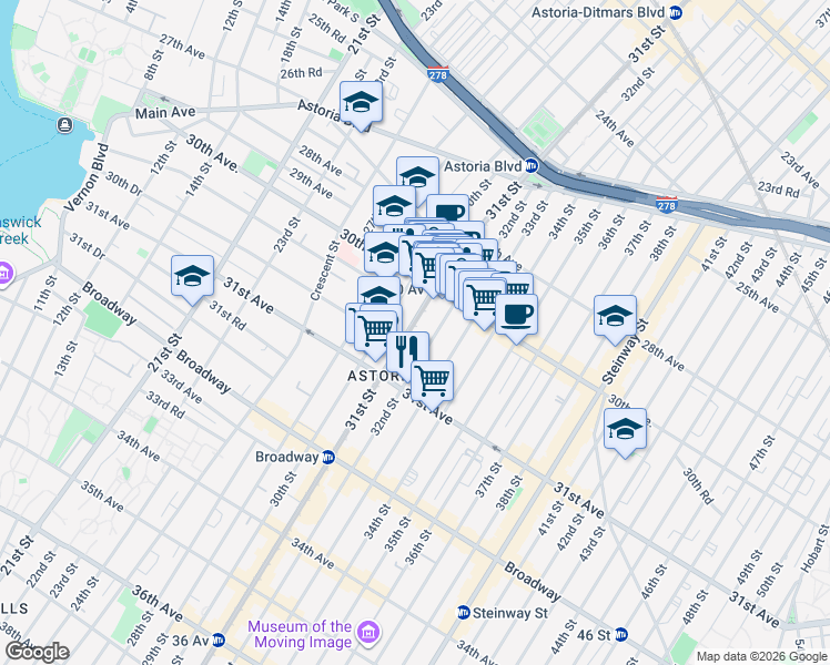 map of restaurants, bars, coffee shops, grocery stores, and more near 30-40 32nd Street in Queens