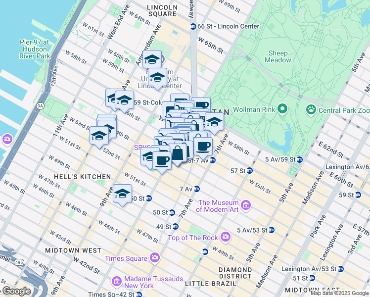 map of restaurants, bars, coffee shops, grocery stores, and more near 235 West 55th Street in New York