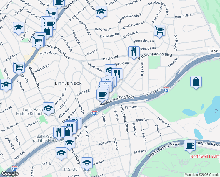 map of restaurants, bars, coffee shops, grocery stores, and more near 54-44 Little Neck Parkway in Queens