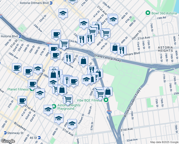 map of restaurants, bars, coffee shops, grocery stores, and more near 23-86 48th Street in Queens