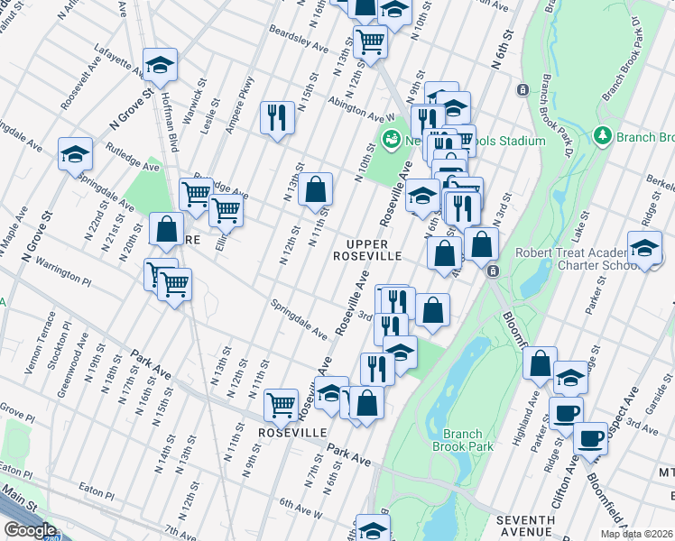 map of restaurants, bars, coffee shops, grocery stores, and more near 32 Peck Avenue in Newark