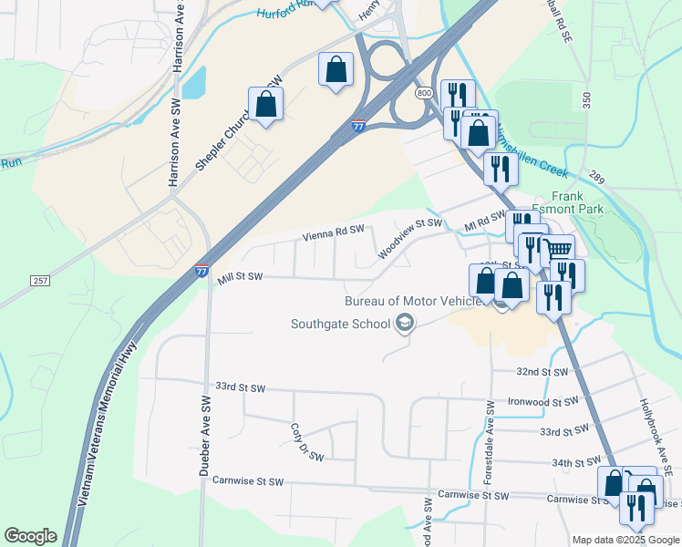 map of restaurants, bars, coffee shops, grocery stores, and more near 2920 Vienna Woods Avenue Southwest in Canton