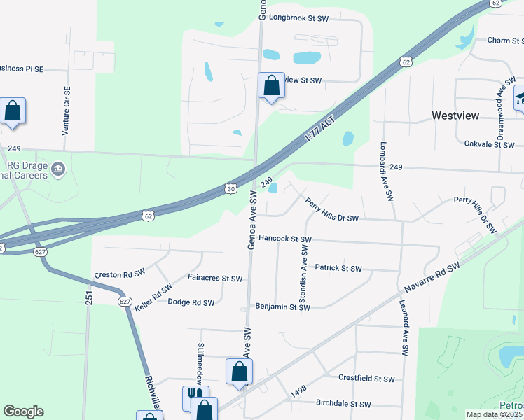 map of restaurants, bars, coffee shops, grocery stores, and more near 2887 Alex Neal Circle Southwest in Canton