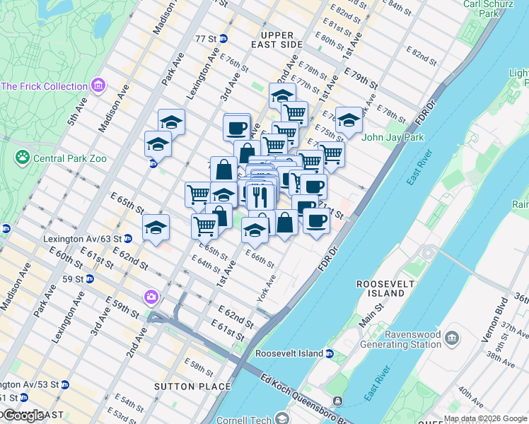 map of restaurants, bars, coffee shops, grocery stores, and more near 1280 1st Avenue in New York
