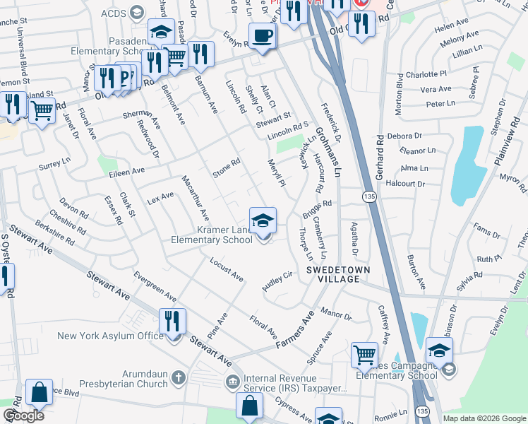 map of restaurants, bars, coffee shops, grocery stores, and more near 13 Barnum Avenue in Plainview