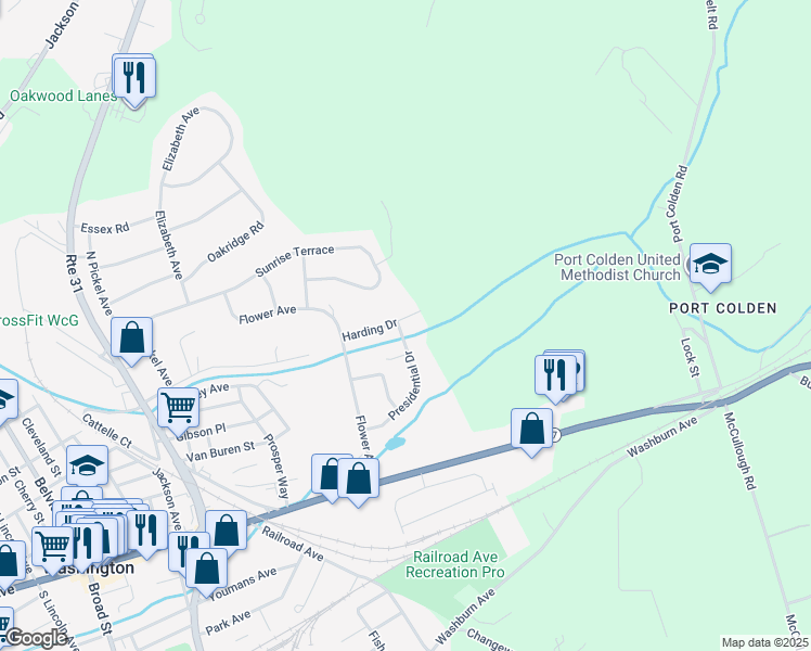 map of restaurants, bars, coffee shops, grocery stores, and more near 35 Presidential Drive in Washington