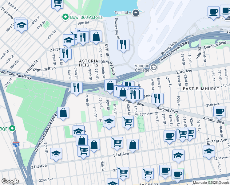map of restaurants, bars, coffee shops, grocery stores, and more near 23-41 81st Street in Queens