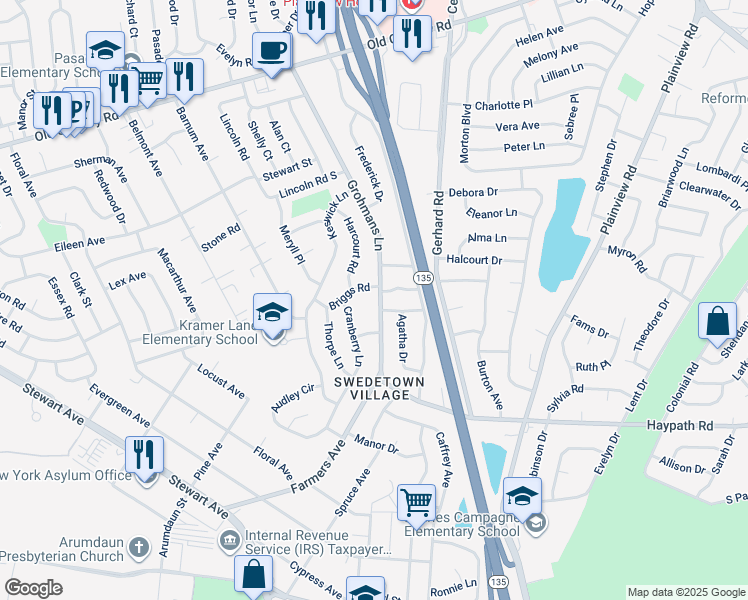 map of restaurants, bars, coffee shops, grocery stores, and more near 100 Grohmans Lane in Plainview