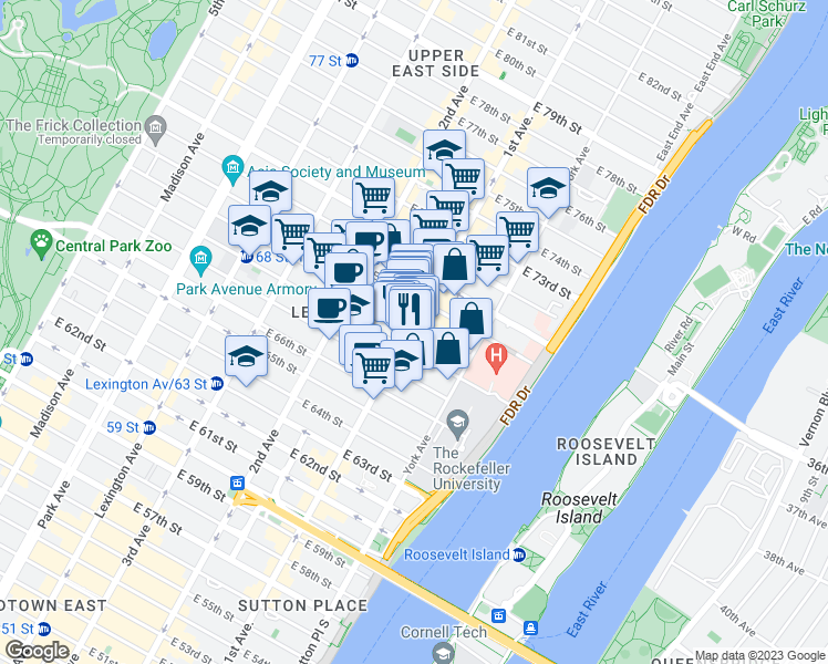 map of restaurants, bars, coffee shops, grocery stores, and more near 406 East 69th Street in New York