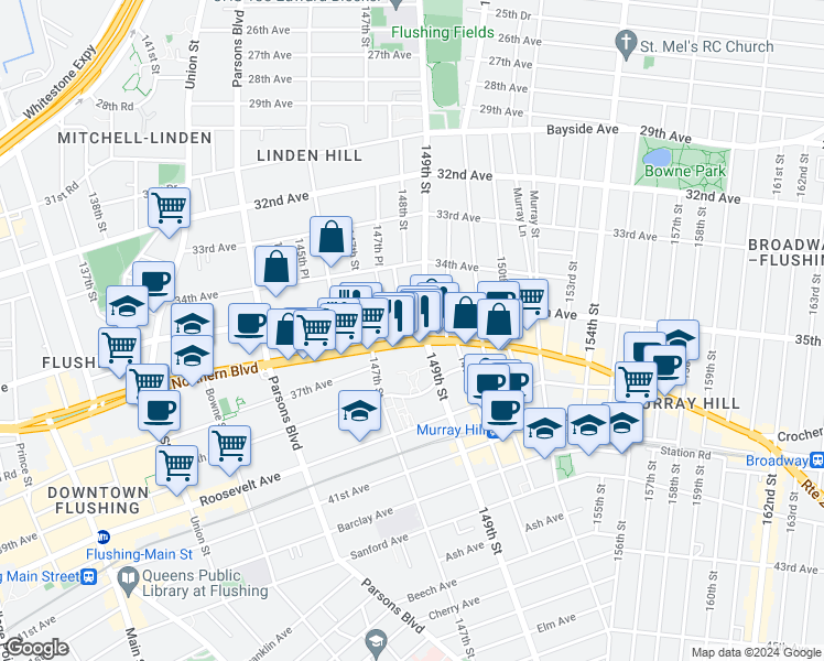 map of restaurants, bars, coffee shops, grocery stores, and more near 14738 Northern Boulevard in Queens