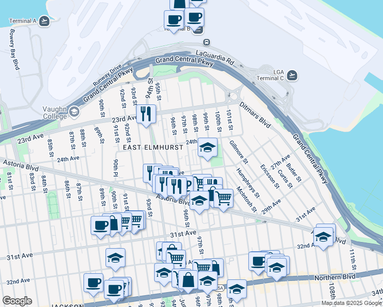 map of restaurants, bars, coffee shops, grocery stores, and more near 24-28 98th Street in Queens