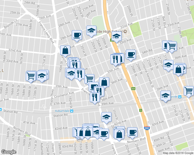 map of restaurants, bars, coffee shops, grocery stores, and more near 201-09 35th Avenue in Queens