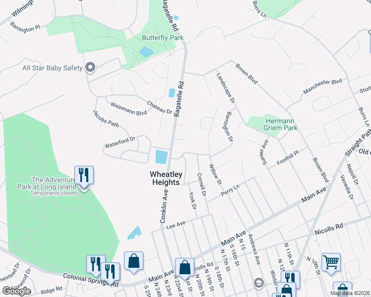 map of restaurants, bars, coffee shops, grocery stores, and more near 9 Gloucester Drive in Wheatley Heights
