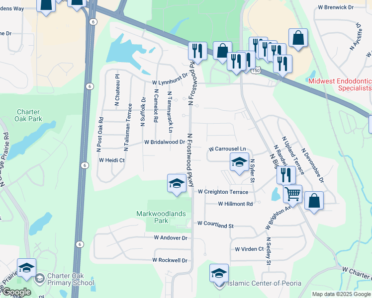map of restaurants, bars, coffee shops, grocery stores, and more near 6337 North Frostwood Parkway in Peoria