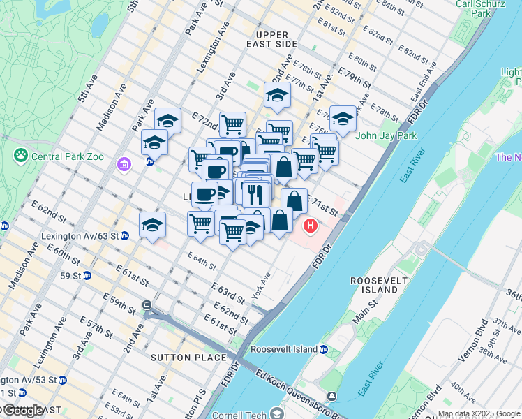 map of restaurants, bars, coffee shops, grocery stores, and more near 402 East 69th Street in New York