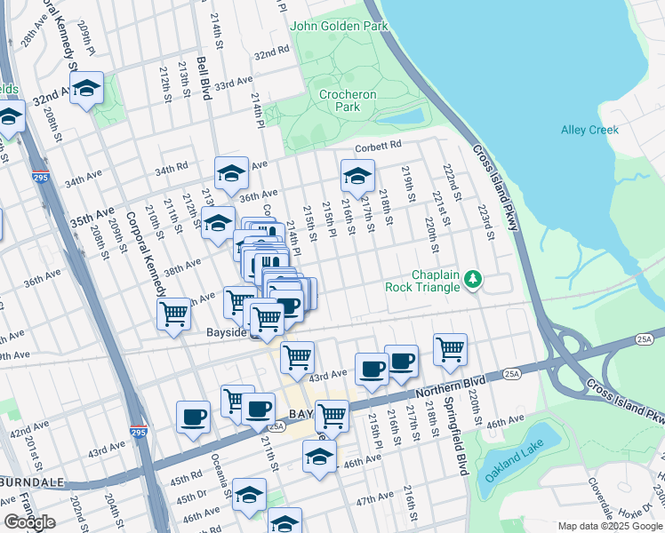 map of restaurants, bars, coffee shops, grocery stores, and more near 39-11 215th Street in Queens
