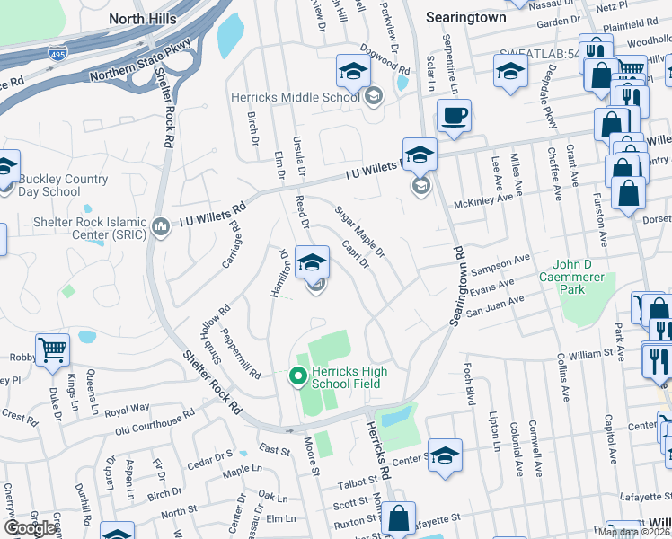 map of restaurants, bars, coffee shops, grocery stores, and more near 73 Reed Drive in Roslyn