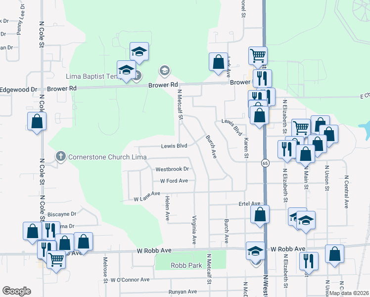 map of restaurants, bars, coffee shops, grocery stores, and more near 615 Lewis Boulevard in Lima