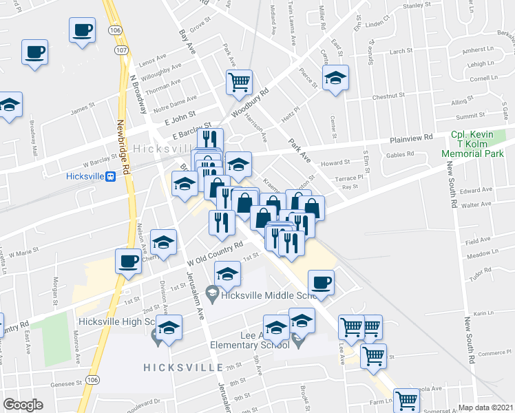 map of restaurants, bars, coffee shops, grocery stores, and more near 25 East Carl Street in Hicksville