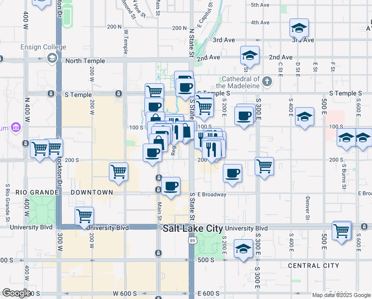 map of restaurants, bars, coffee shops, grocery stores, and more near 185 State Street in Salt Lake City