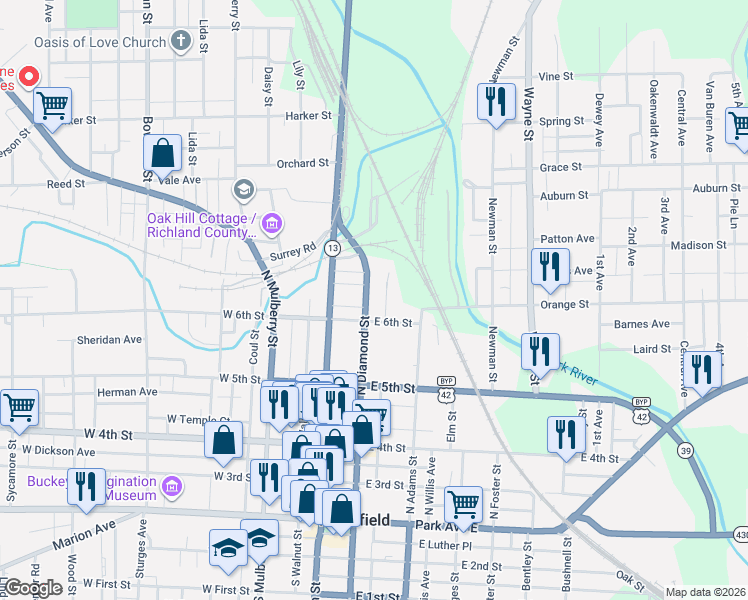 map of restaurants, bars, coffee shops, grocery stores, and more near 268 North Diamond Street in Mansfield