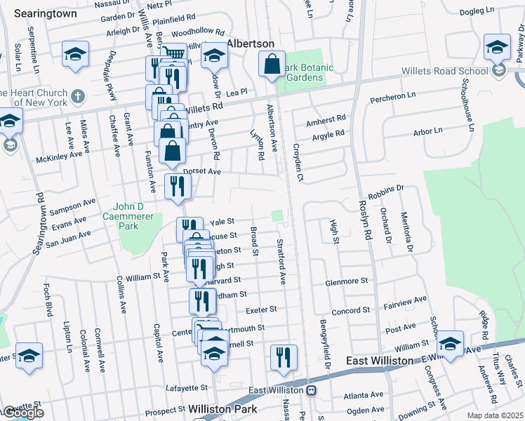 map of restaurants, bars, coffee shops, grocery stores, and more near 99 Yale Street in Williston Park