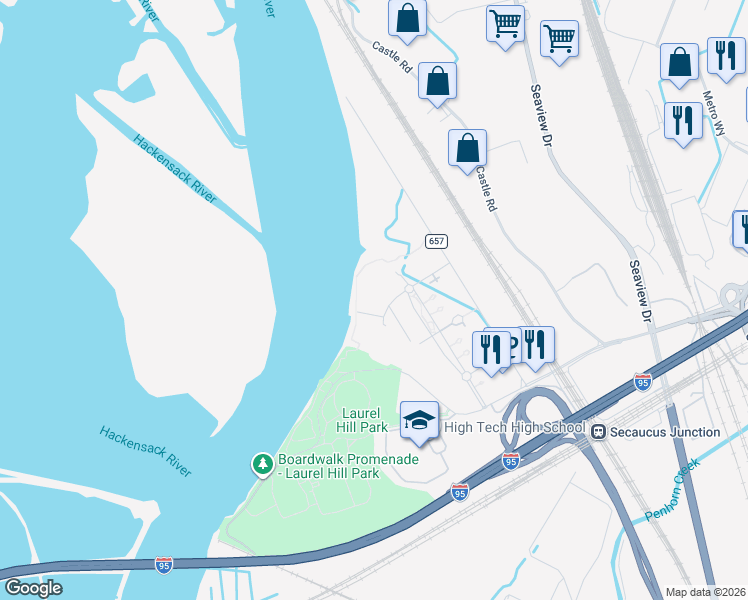 map of restaurants, bars, coffee shops, grocery stores, and more near 8000 Riverside Station Boulevard in Secaucus