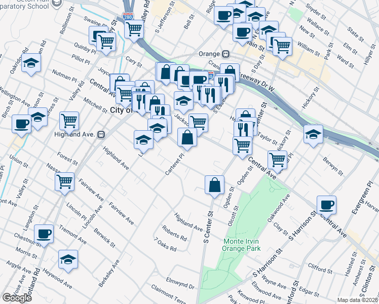 map of restaurants, bars, coffee shops, grocery stores, and more near 352 Central Avenue in City of Orange