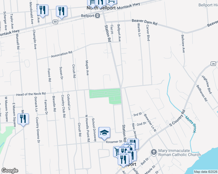 map of restaurants, bars, coffee shops, grocery stores, and more near 139 Head of the Neck Road in Bellport