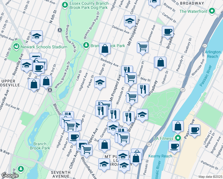 map of restaurants, bars, coffee shops, grocery stores, and more near 402 Mount Prospect Avenue in Newark