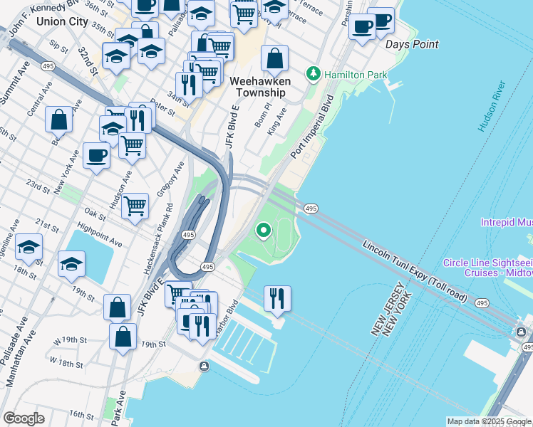 map of restaurants, bars, coffee shops, grocery stores, and more near 2-8 Port Imperial Boulevard in Weehawken