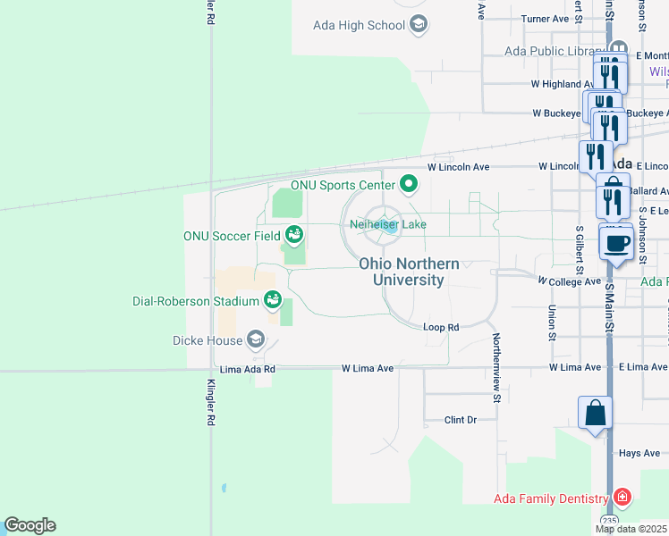 map of restaurants, bars, coffee shops, grocery stores, and more near The Green Monster in Ada