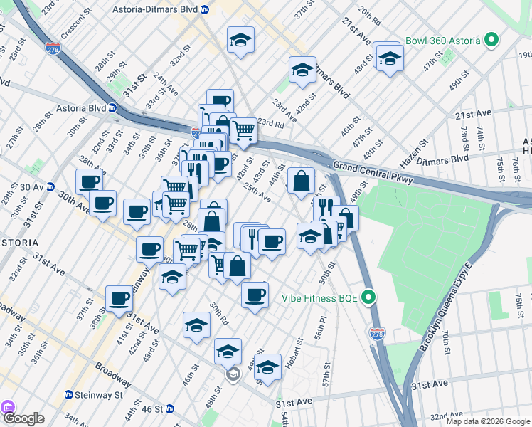 map of restaurants, bars, coffee shops, grocery stores, and more near 25-19 45th Street in Queens