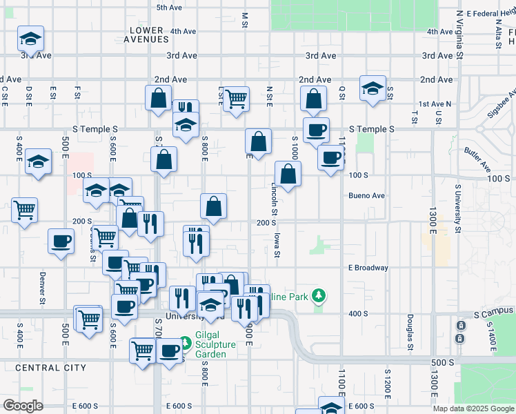 map of restaurants, bars, coffee shops, grocery stores, and more near 161 South 900 East in Salt Lake City